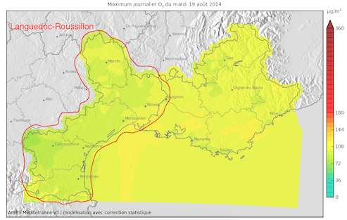 InstantanÃ© : Maximum d'ozone relevÃ© dans le Languedoc-Roussillon le 19 aoÃ»t 2014